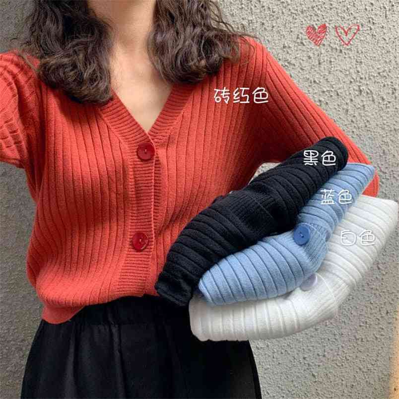 

Casual Long Sleeve Sweater Jacket Knitted Cardigan Women' Autumn All-Match Short V-Neck Solid Color Single-Breasted Sweaters 210517, Black