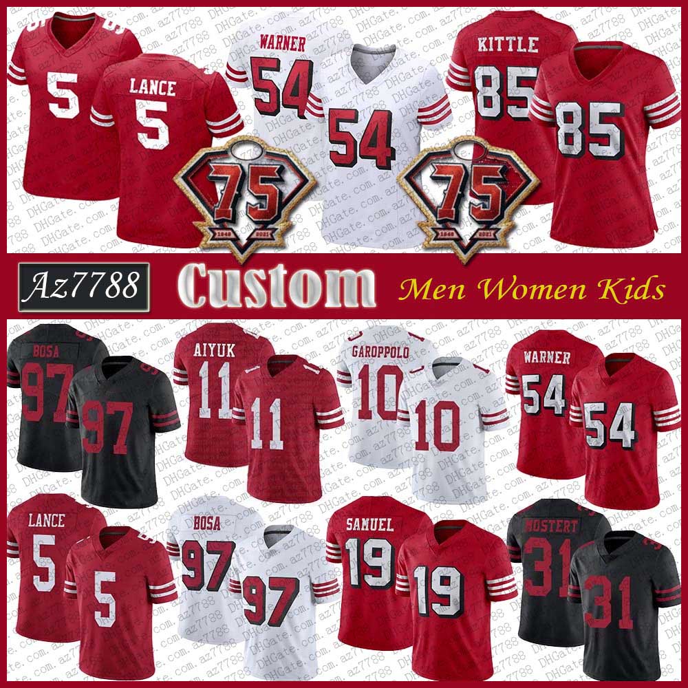 

San 5 Trey Lance 54 Fred Warner Francisco Football jersey Custom Men Women Kids 85 George Kittle 97 Nick Bosa 11 Brandon Aiyuk Jimmy Garoppolo Deebo Samuel Javon Kinlaw, Shown