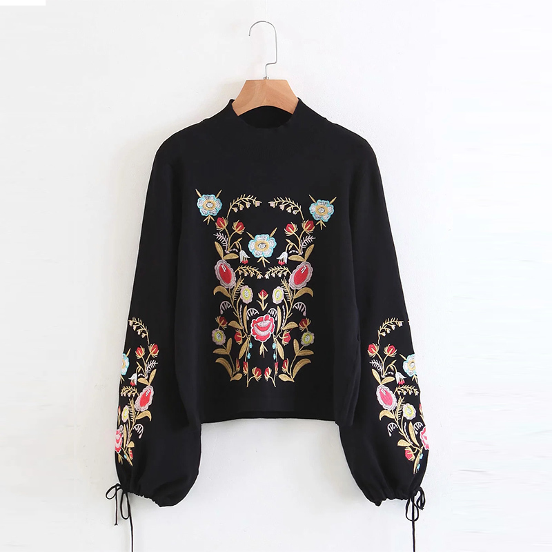 

Female A Lot Of Embroidery Sweater Drawstring Cuffs Retro Fashion Round Neck Long Sleeves Pullover Women Chic Top 210520, Black