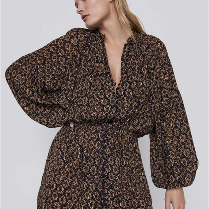 

Dresses Za Casual ra the same women's wear autumn and winter fashionable light mature style long sleeve printed dress, Black;gray