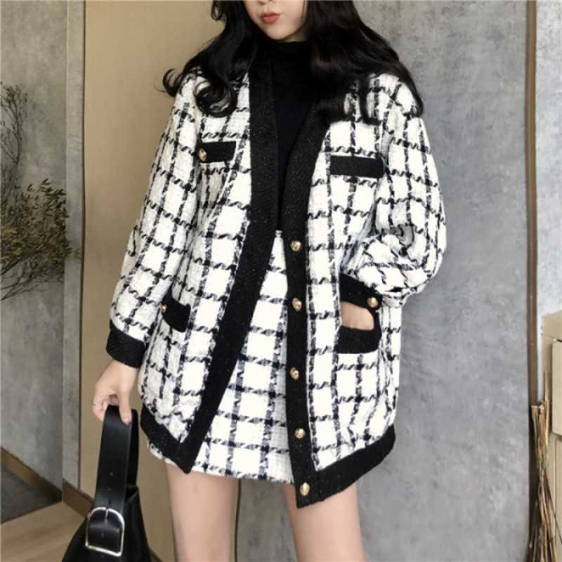 

Autumn Winter Fashion 2 Piece Set Women Long Sleeve Tweed Wool Jacket Coat+Mini Skirt Ladies Vintage Clothing s 210526, Picture color