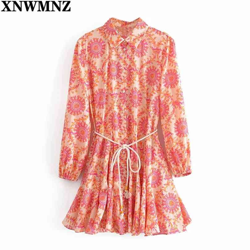 

Yellow Print Belt Shirt Dress Women Elegant Long Sleeve Summer Mini Dresses Female Fashion Flounced Hem Vestidos 210520