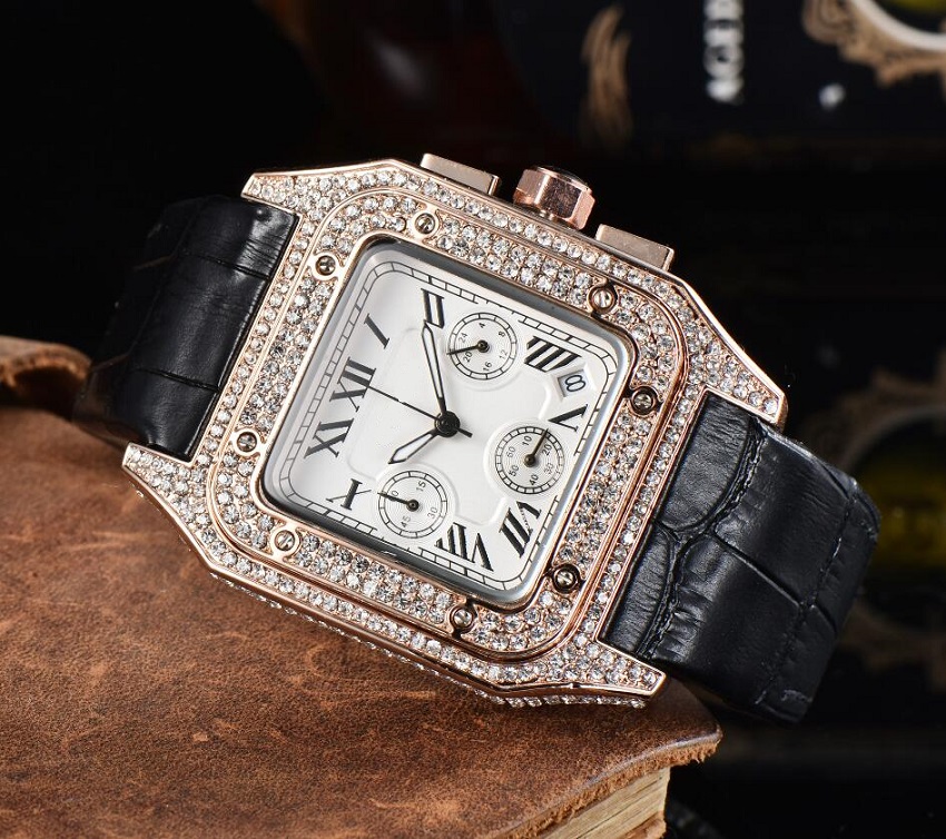 

montre de luxe mens automatic gold watch women dress full diamonds leather Sapphire waterproof Square Couples Style Classic Wristwatches, As pic
