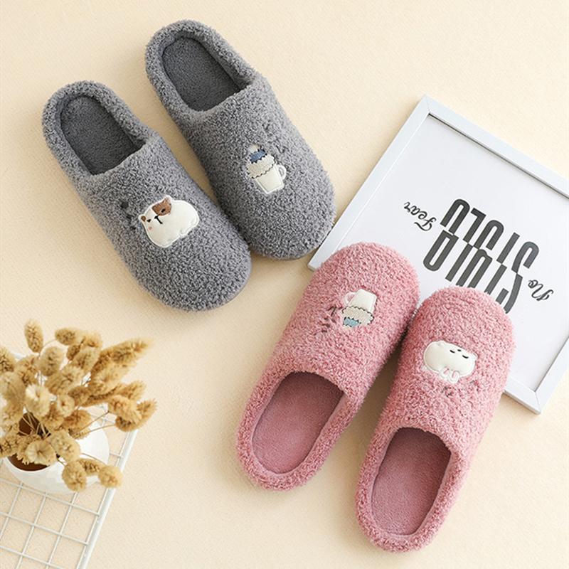

Winter Fur Slippers Women House Cute Cartoon Pattern Bedroom Ladies Flat Shoes Warm Plush 2021 Girls Furry Slides, Black