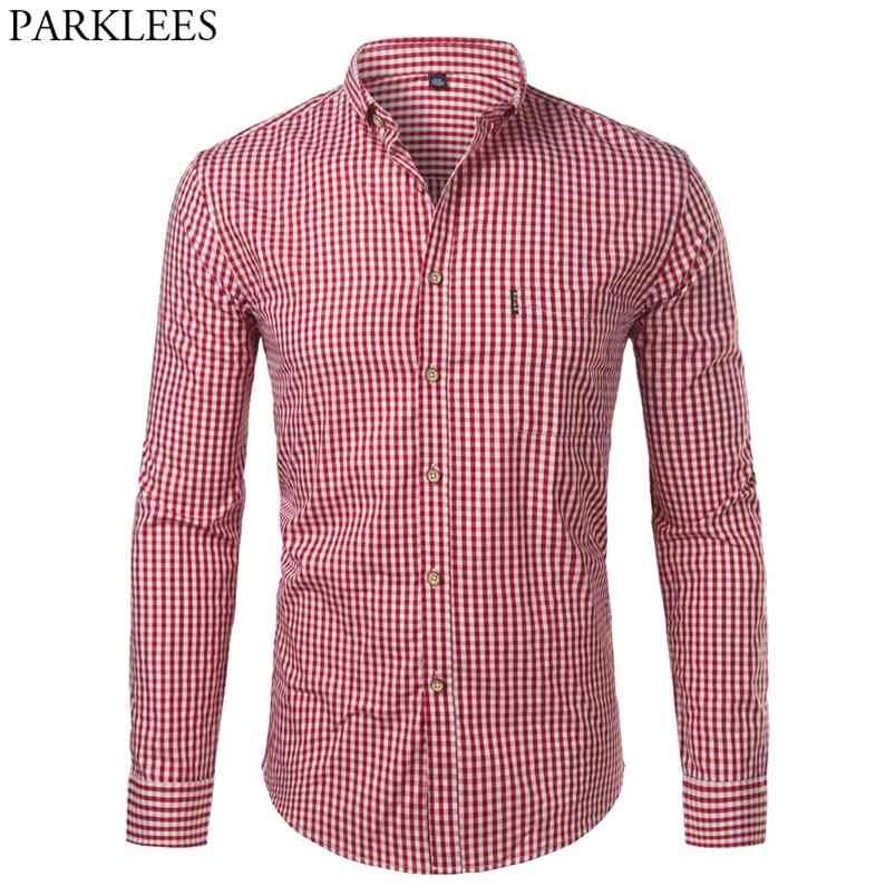

Mens Plaid Cotton Casual Slim Fit Long Sleeve Button Down Dress Shirts Fashion Men Work Business Brand Shirt Chemise Homme 210721, Red