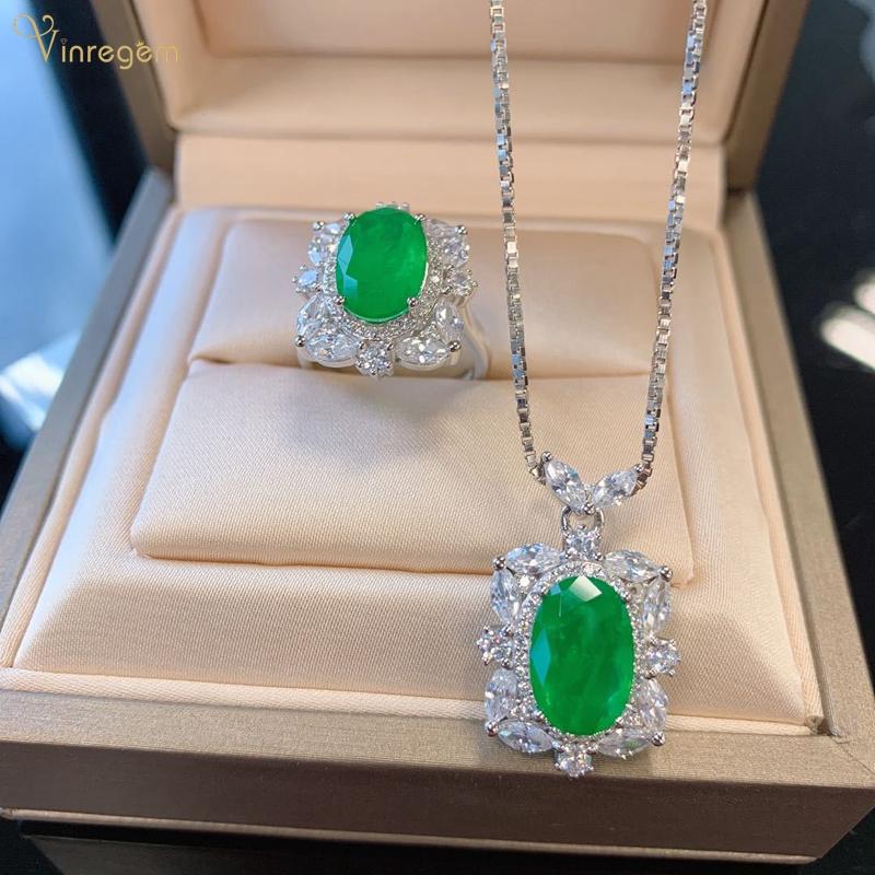 

Bracelet, Earrings & Necklace Vinregem Vintage 925 Sterling Silver Oval Cut Emerald Created Moissanite Rings/Pendant/Necklace Wedding Jewelr, Black