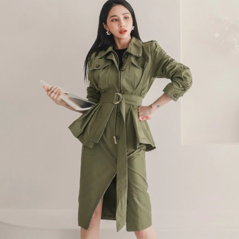 

ZAWFL Vintage Windbreaker Jacket Suit Skirt Female Autumn Two-piece Western Fashion Lady Coat Dress Set 210525