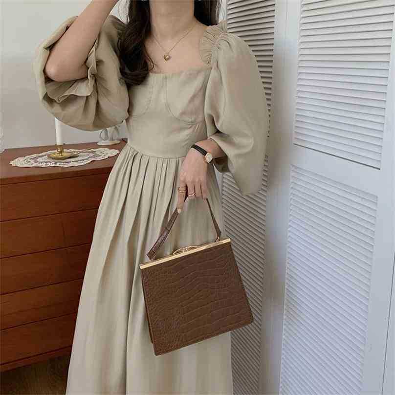 

Spring Women French Retro Dress Loose Gentle Square Colloar Puff Sleeves Elegant Long Chic Female Fashion 210525, Black