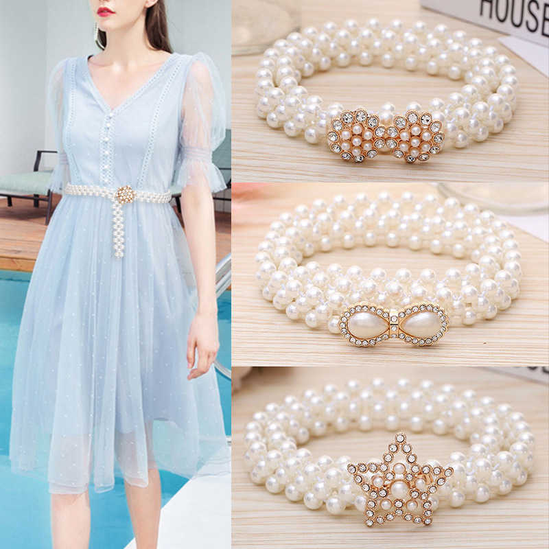 

Elegant Women Pearl Waist Belt Elastic Buckle Pearl Chain Female Girls Dress Crystal Strap Pearl Elastic Belt Luxury Accessories P0817, Black