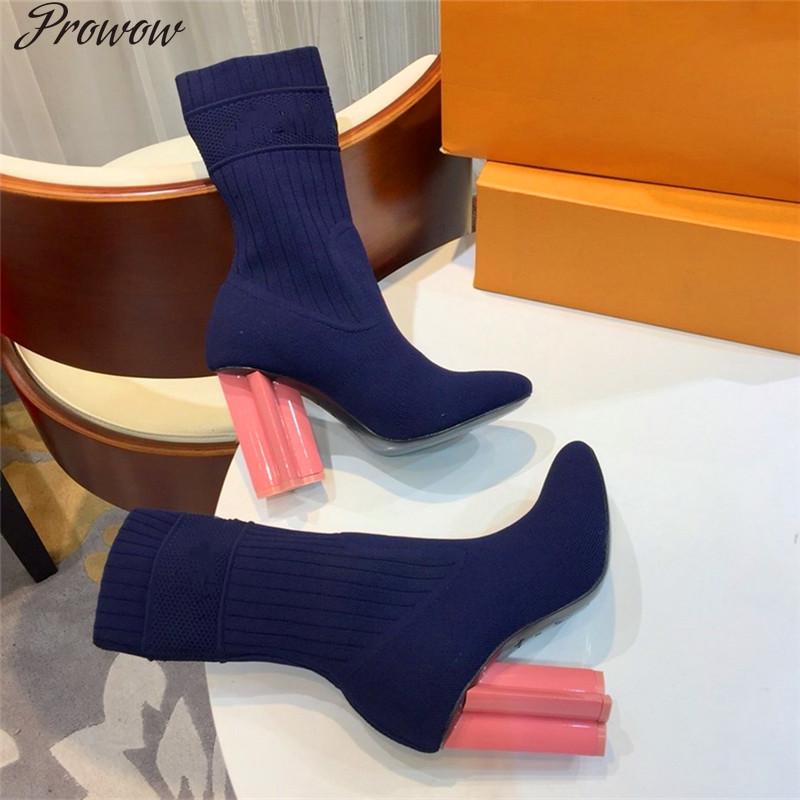 

Boots Prowow Knitted Socks Strange Style Stretch High-top Short High-heeled Thin Sleeve Round Toe Women Shoes, Black