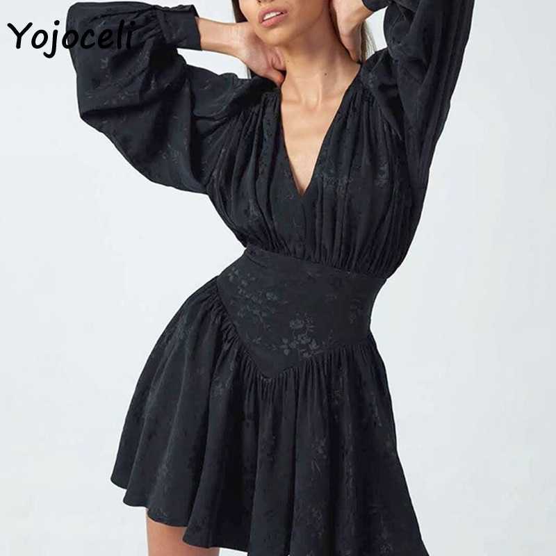 

Yojoceli black jacquard v neck dres lantern sleeve skater mini 210609