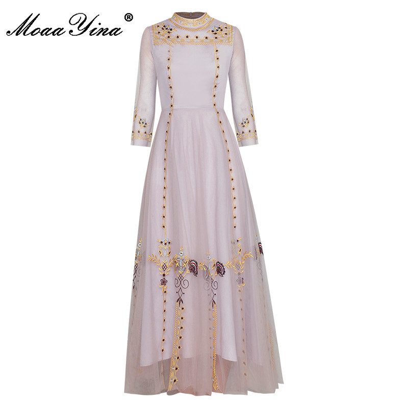 

Fashion Designer dress Spring Women's Dress Stand collar Stripe Embroidery Mesh Elegant Vintage Dresses 210524, Lavender
