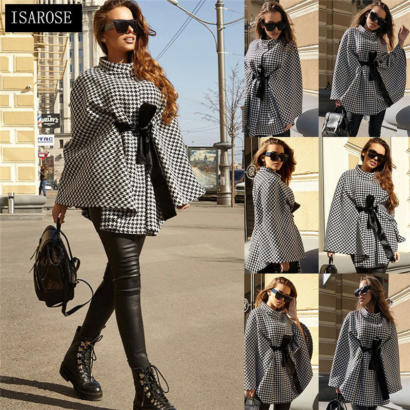 

ISAROSE Women Houndstooth Tops Fashion High Neck Silk Belted  Short Capes Coat White Black All-match Streetwear Cloaks 210422