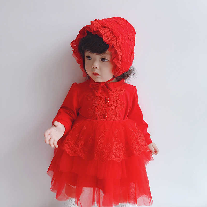 

Girls Boutique Clothes Baby Christening Birthday Princess Dress born Long Sleeve Cotton Red Dresses Toddler Year Clothing 210615, Dress hat