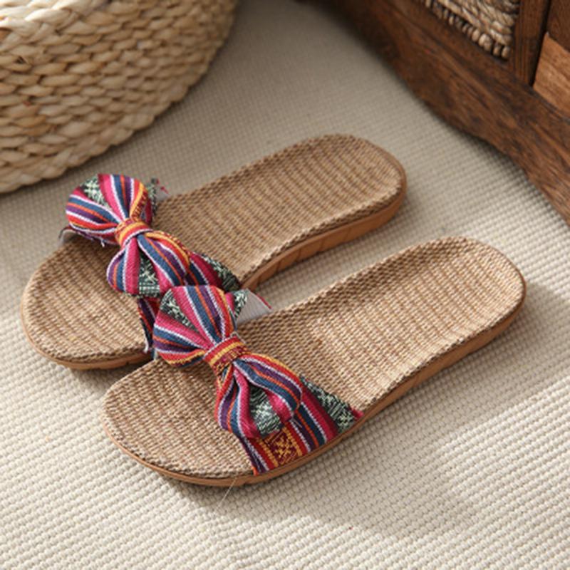 

Bowknot Weave Women's Flat Slippers Breathable Summer Non-slip Soft Sandals Beach Sole Slide Sandalias, Black