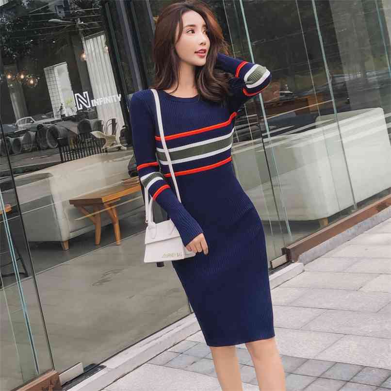 

Women's dress autumn Korean temperament slim knit color matching striped hip sweater bottoming 210520, Dark blue