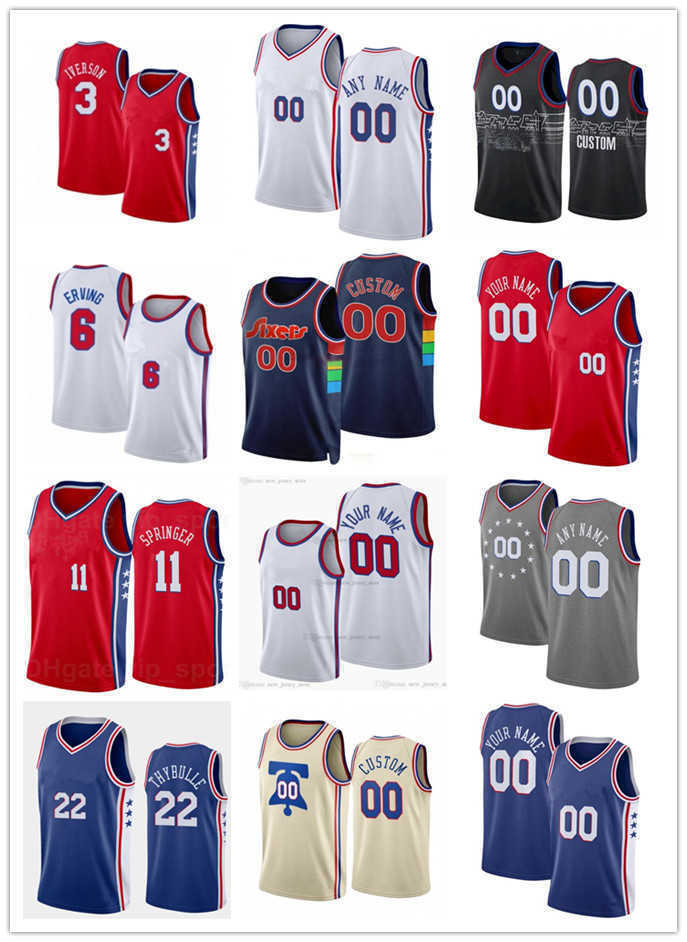 

75th Men Women Youth Philadelphia's 76ers's 11 Jaden Springer 22 Matisse Thybulle 6 Julius Erving Allen 3 Iverson Basketball Jersey Custom, Black;red
