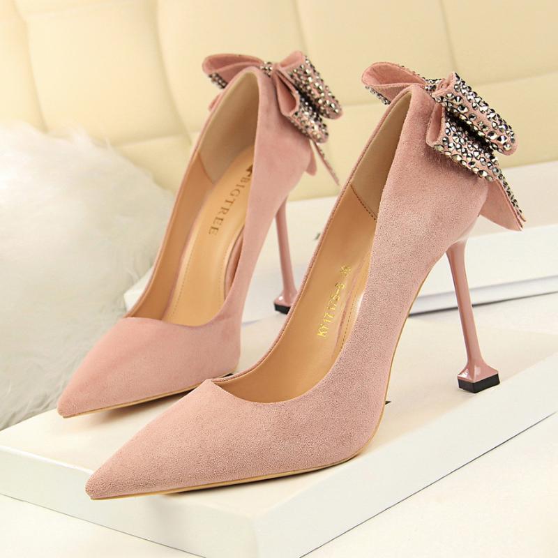 

Dress Shoes Sweet Crystal Butterfly-knot Women Pumps Solid Flock Fashion Shallow High Heels Women's Party Shoe Pointed Toe, Black