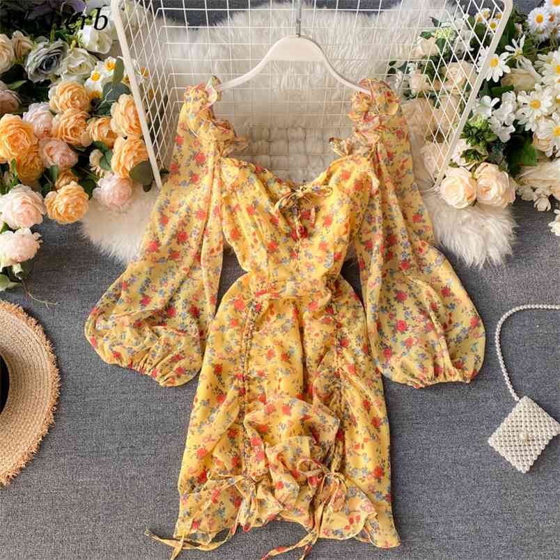 

Women Beach Floral Print Dress Summer Sexy Vintage Dresses Woman Drawstring Ruffles Boho Robe Vestidos Mujer 210519, White