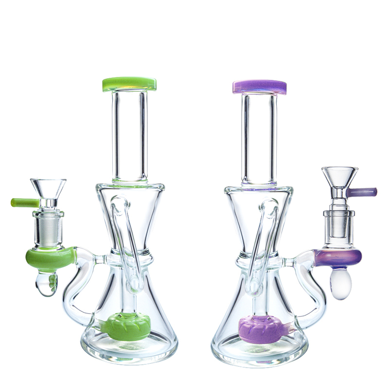

Green Purple Heady Glass Bongs Hookahs 14mm Female Joint Showerhead Perc Recycler Klein Oil Dab Rigs 10 Inch Colored Mouthpiece &lChamber Water Pipes With Bowl XL-2062