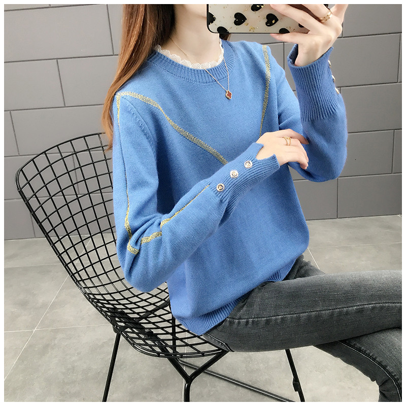

Women's Sweaters Autumn Knitted Sweater Female Long-Sleeve Button Stripe Pull Femme Fashion Loose Bottoming Pullover Jumpers Women, Blue