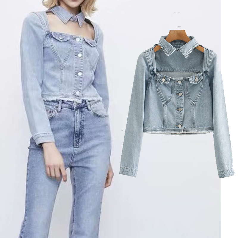 

Women's Down & Parkas women's denim Cutout lapel jacket korean style solid casual blue Short jackets autumn loose jeans coats fema, Black
