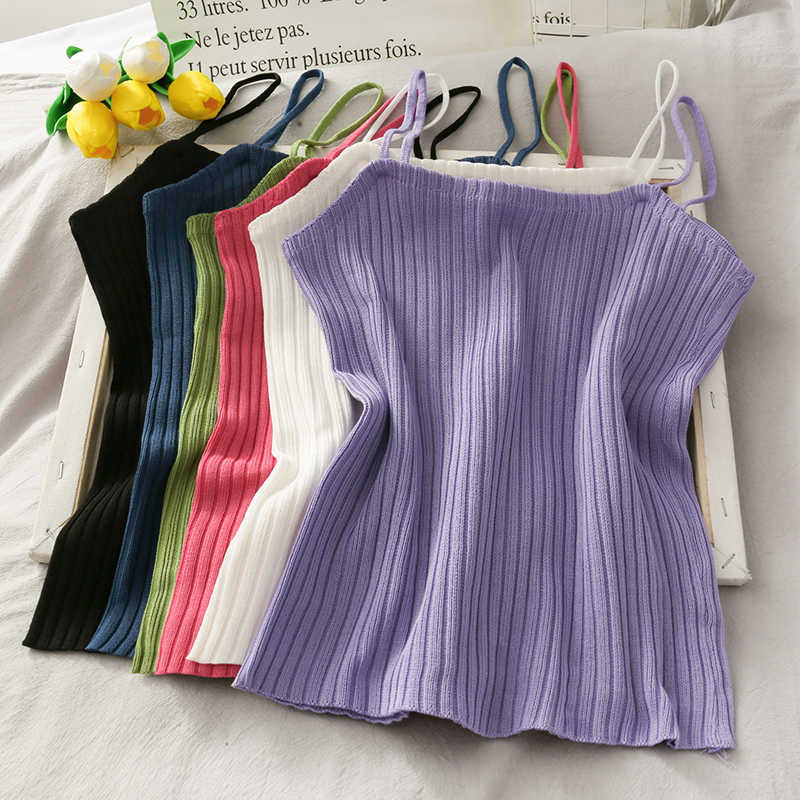 

Knitting Summer Tank Top Casual Slim Spaghetti Strap Work Out Women Tops Camisole W102 210526, Black ruched