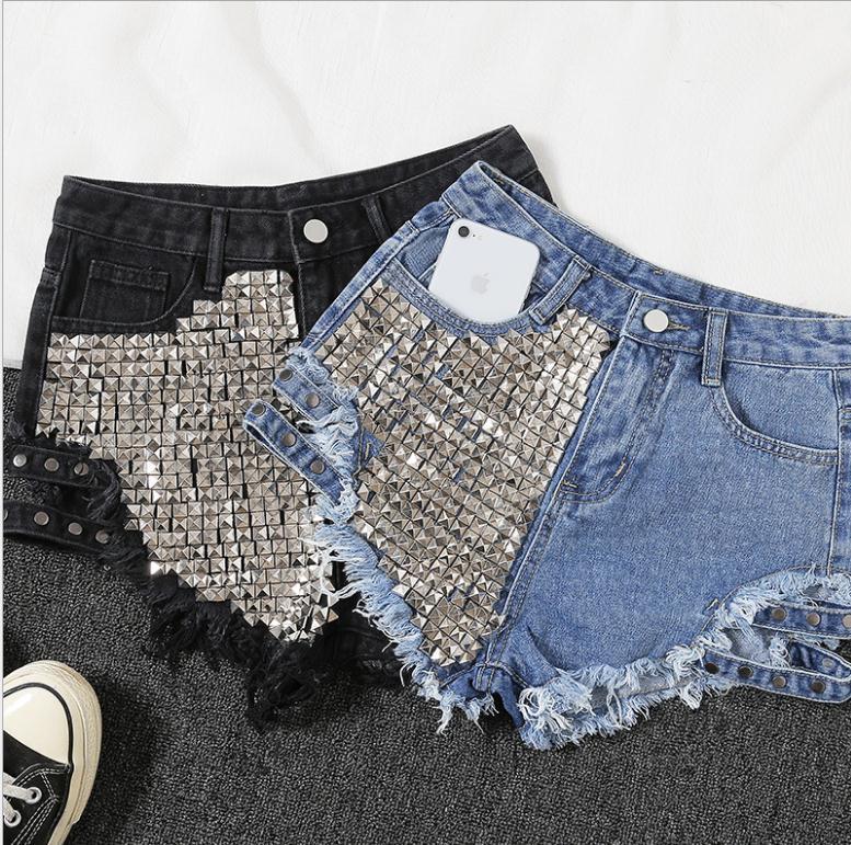 

Jeans Short Women' Fashion Brand Vintage Tassel Rivet Ripped High Waist Punk Sexy Woman Denim Shorts K1285, Black
