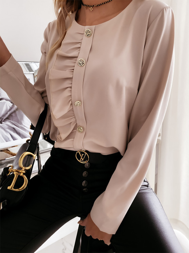 

Womens Blouse 2021 Fashion Spring Summer Casual Long Sleeve O-Neck Shirt Ladies Elegant Buttons Tops, White