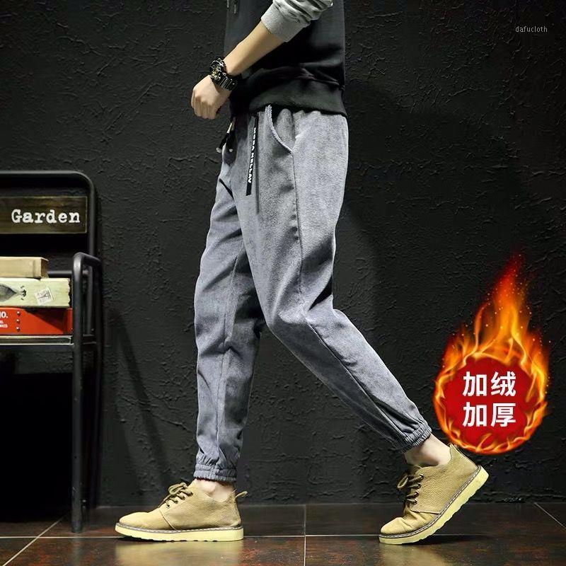 

Spring Autumn Fleece Warm Japanese Streetwear Corduroy Harem Pants Men Fashion Hip Hop Elastic Waist Mens Casual Sweatpants Men's, Black