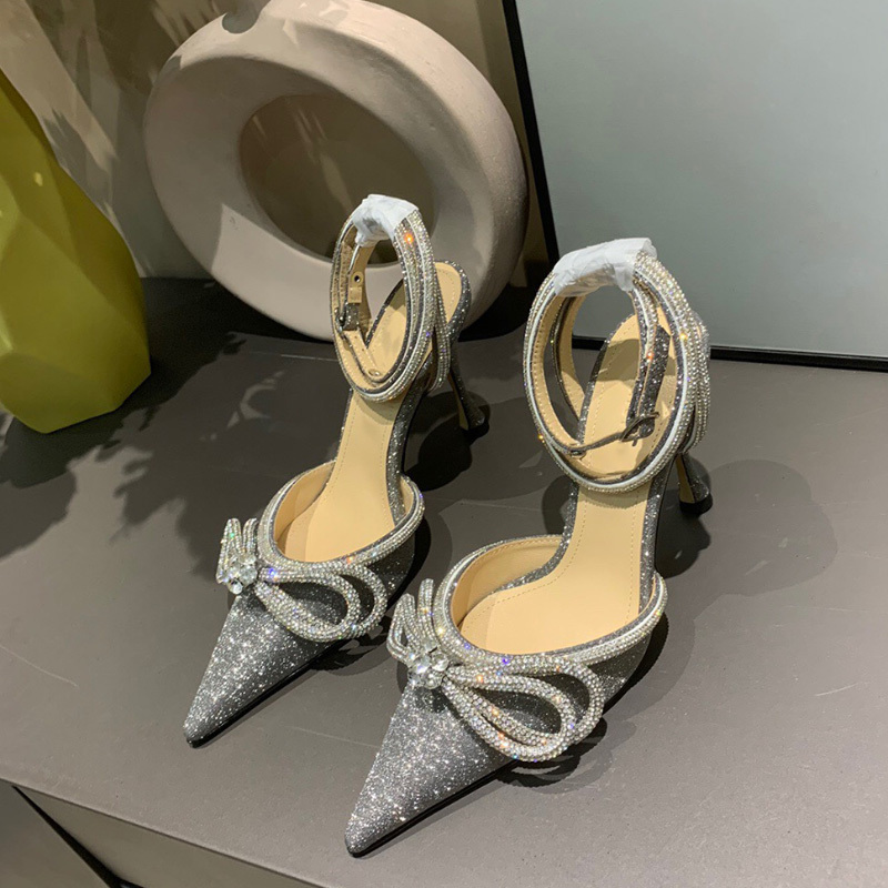 

Glitter Bowties Pumps 9cm Crystal Embellished rhinestone Evening shoes spool Heels sandals women heeled Luxurys Designers Dress, Grey