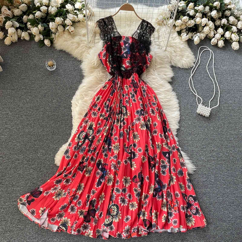 

Women Printing Lace Pleated Dress Square Collar Sleeveless Arrivals Lady Temperament Fashion Spring Summer 11D579 210525, Pink