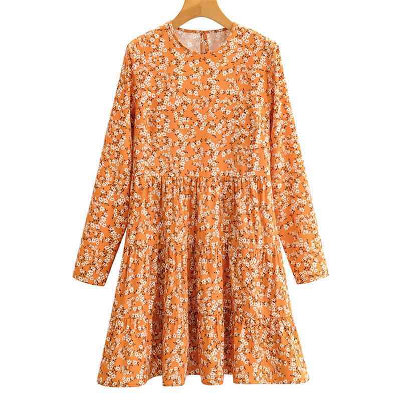 

Summer Women Mini Dress Ladies' V-neck Long Sleeve Printed Dresses Floral Skirt Female Streetwear 210524, Orange