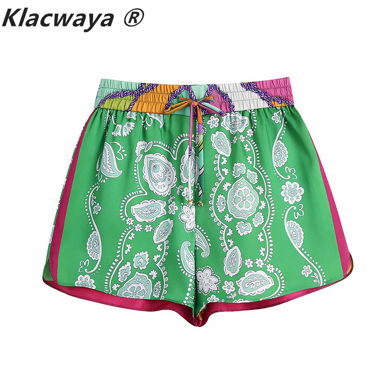 

Women Vintage Floral Print Patchwork Summer Skirts Shorts Femme Chic Elastic Waist Ribbon Pantalone Cortos 210521, As shown