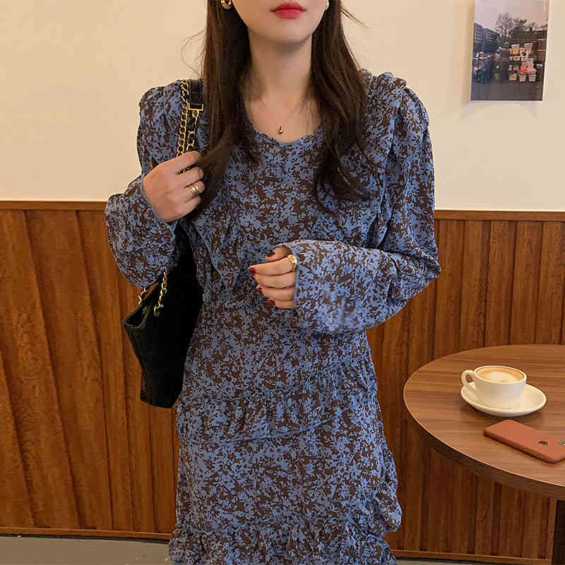 

Woman Chic Dress Spring Vintage Elegant V-neck Ruffled Splicing Long Puff Sleeve Irregular Floral Dress Tide, Black;gray