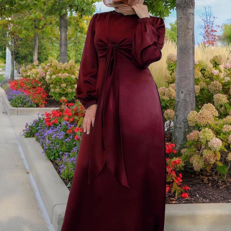 

Ethnic Clothing Muslim Fashion Satin Maxi Dresses Islamic Robe Longue Femme Modest High Waist Pink Turkey Eid Abaya Dubai