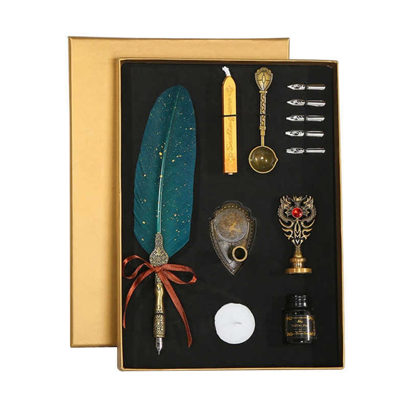 

High Quality Gift Fountain Pens Magic School Luxury Vintage Sprinkle Gold Feather Quill Dip Calligraphy Fountain Pen Writing Ink 5 Nibs Set Stationery Gifted Box