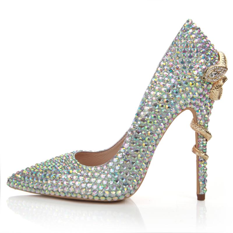 

Dress Shoes Bride Wedding Female Party Crystal Brand Design Women High Heel Pumps Metal Snake Heels Rhinestone