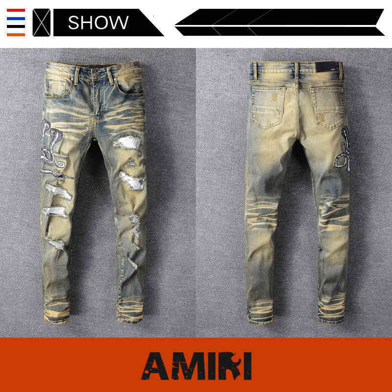 

Fashion Brand Jeans Embroidery Amir Hole Washed Old Denim Jacket #611 Li8s, Blue