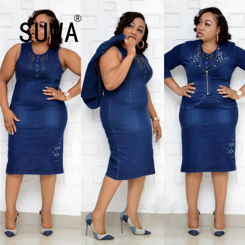 

Pearl Patchwork Office Lady Women Clothing Set Bodyocn Midi Dress + Zipper Long Sleeve Jacket Top Work Fashion 210525, Blue