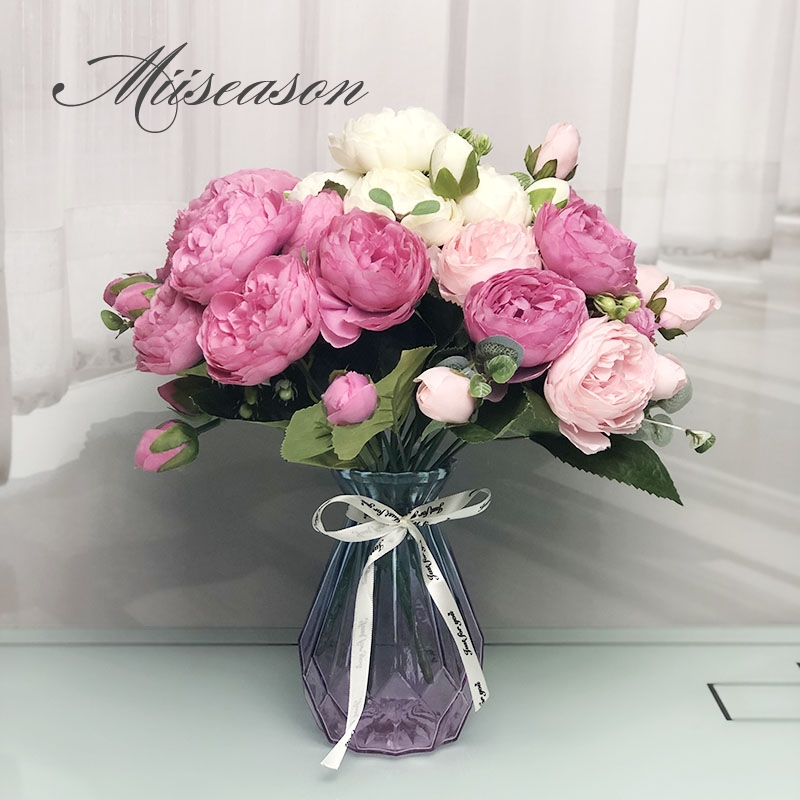 

Silk Peony Rose Pink Artificial Flowers Bouquet Big Heads and 4 Bud Cheap Fake Flowers for Home Wedding Decoration indoor, Red