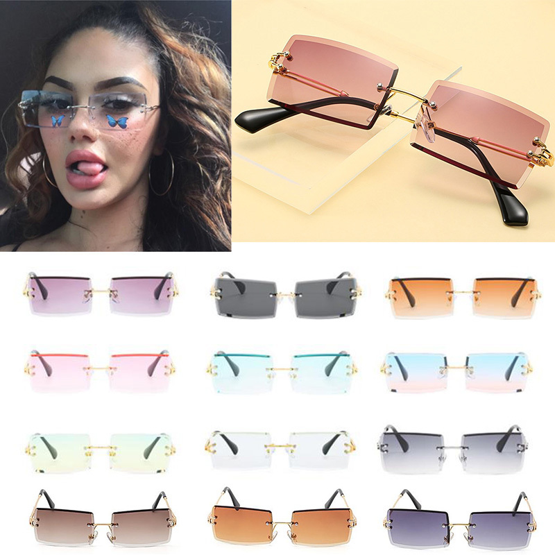 

Whole Fashion Rectangle Rimless Goggles Women Men Trendy Small Sun Summer Traveling Shades UV400 Bulk Glasses