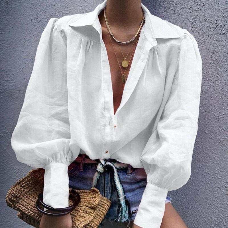 

Women Chiffon Blouse Lantern Long Sleeve Sexy Turn Down Collar Lady Office Shirt Tunic Casual Loose Tops Plus Size Blusas Women' Blouses, Black