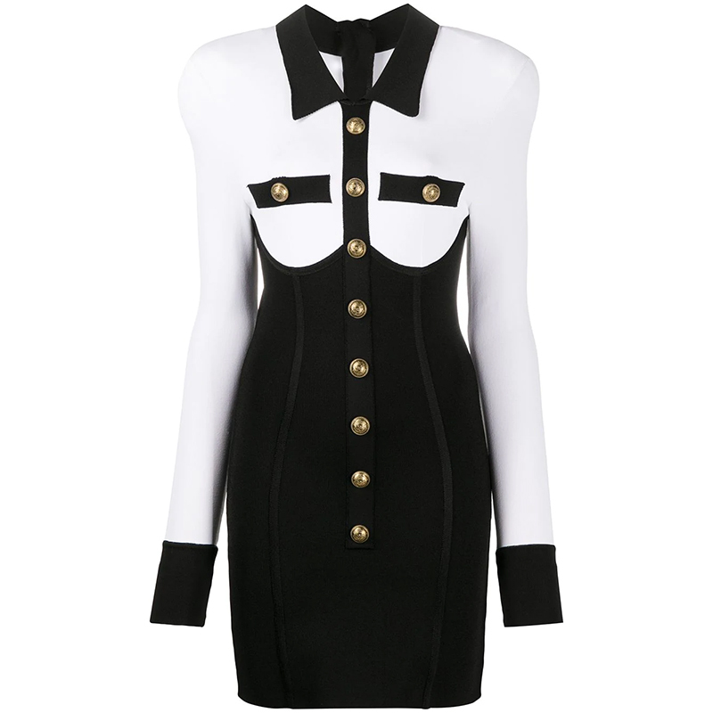 

HIGH STREET est Fall Winter Designer Dress Women's Long Sleeve Color Block Lion Buttons Embellished Knit 210521, Blue