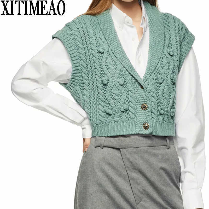 

Za Women Fashion Knitted Cardigan Vest Sweater V-neck Sleeveless Loose Female Waistcoat Chic Tops XITIMEAO 210602, Green