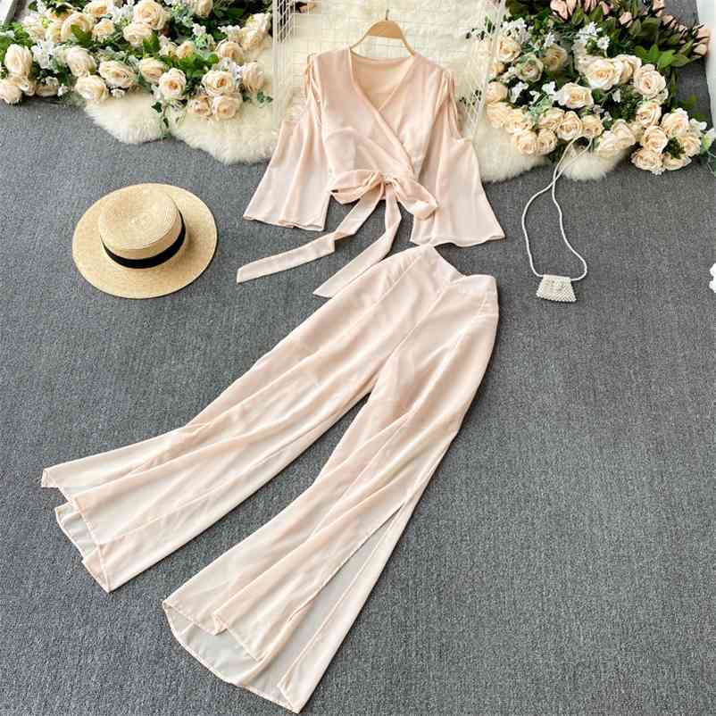 

Fashion suit carefully off-shoulder flared sleeve chiffon top high waist wide-leg split trousers two-piece 210525, Lotus root color