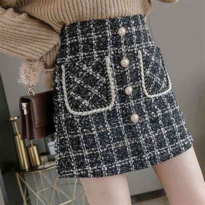 

Autumn Women Woolen Mini Skirt Vintage A-Line Plaid High Waist Faldas Mujer 210520, Photo color