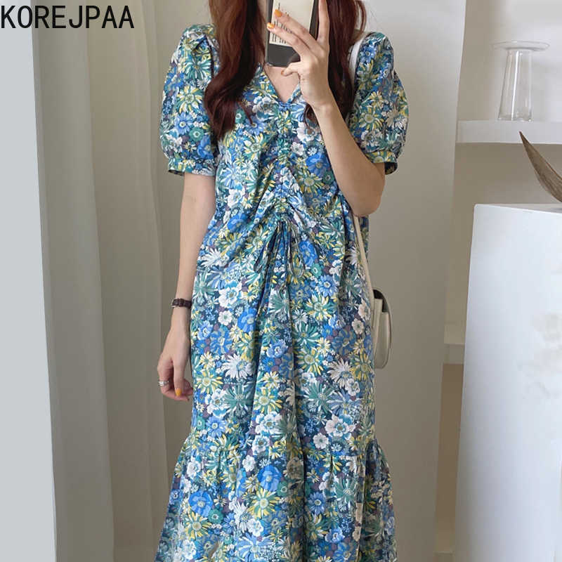 

Korejpaa Women Dress Korean Fashion Chic Elegant Retro Daisy Floral V-neck Fold Loose Bubble Sleeve Ruffled Dresses Female 210526, Blue