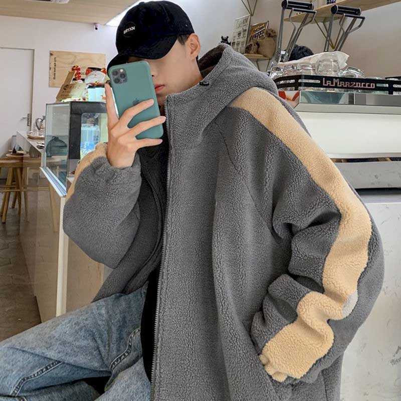 

Hong Kong style cotton coat jacket lamb plush men's winter Korean version of the loose trend male youth 210526, Gray