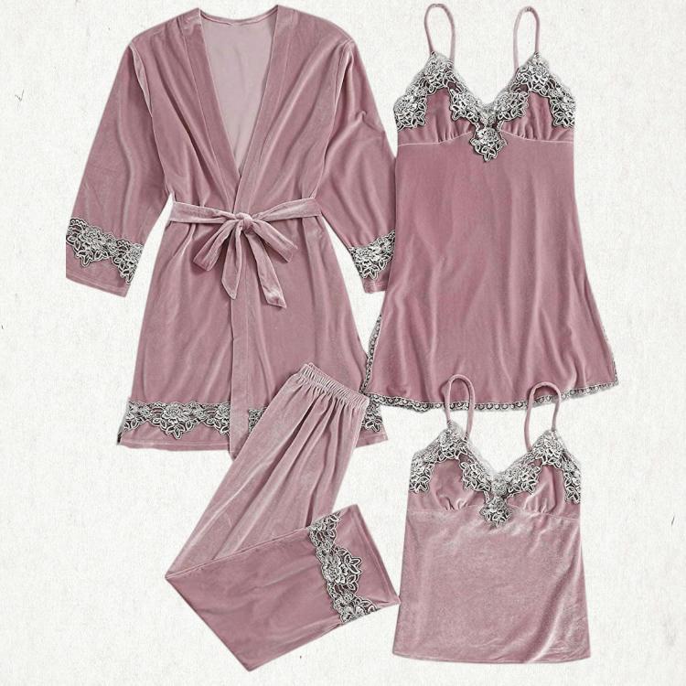 

Women's Sleepwear Velour Sexy Pajamas Set With Strap Nightgown Lace Trim Spring Home Clothes Casual Kimono Robe Gown Suit, Black;red